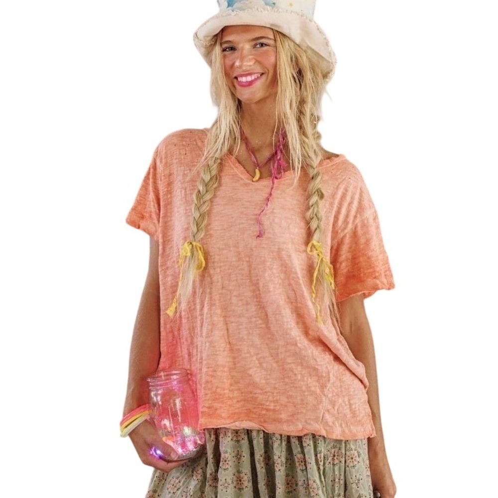 Magnolia Pearl Short Sleeve V Neck Orange Distressed Europa Tee Shirt NWT